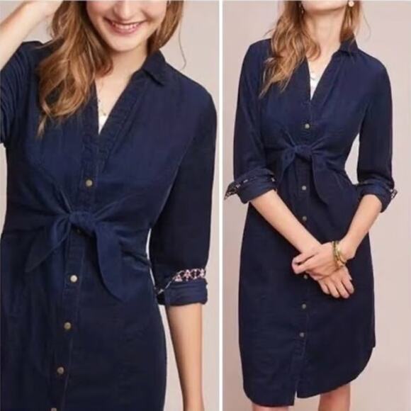 Anthropologie Winchester Corduroy Tie-Front Women's Dress Maeve Dark Blue 12 - Picture 1 of 7